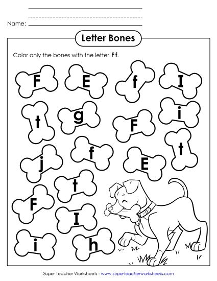 Letter Recognition - Letter F f Recognition - Dog Bones (Printable PDF Worksheet)