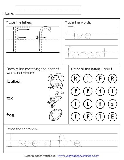 Letter F: Mixed Skills - Letter F - Mixed Skills (Intermediate) (Printable PDF Worksheet)