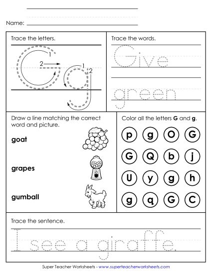 Letter G: Mixed Skills - Letter G - Mixed Skills (Intermediate) (Printable PDF Worksheet)