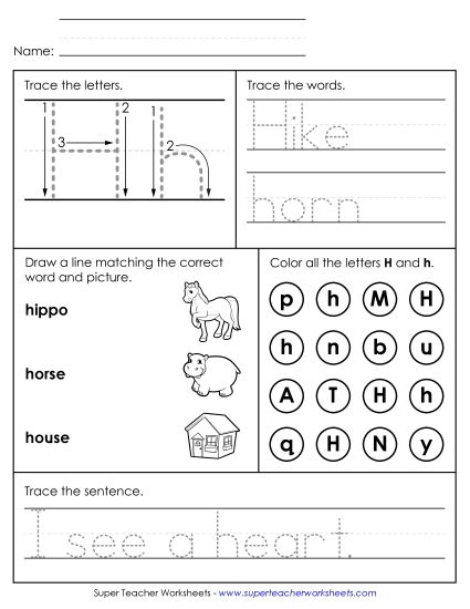 Letter H: Mixed Skills - Letter H - Mixed Skills (Intermediate) (Printable PDF Worksheet)