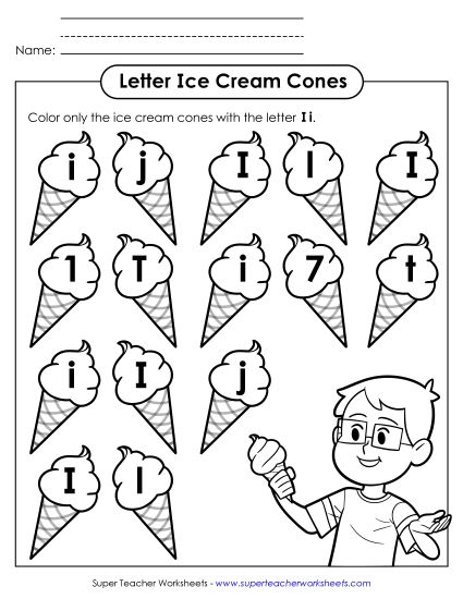 Letter Recognition - Letter I i Recognition - Ice Cream (Printable PDF Worksheet)