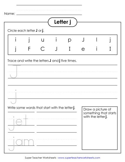 Trace and Print - Letter J j - Printing Practice Sheet (Printable PDF Worksheet)