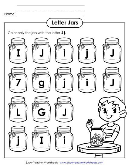 Letter Recognition - Letter J j Recognition - Jars (Printable PDF Worksheet)