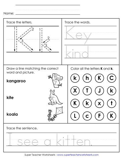 Letter K: Mixed Skills - Letter K - Mixed Skills (Intermediate) (Printable PDF Worksheet)
