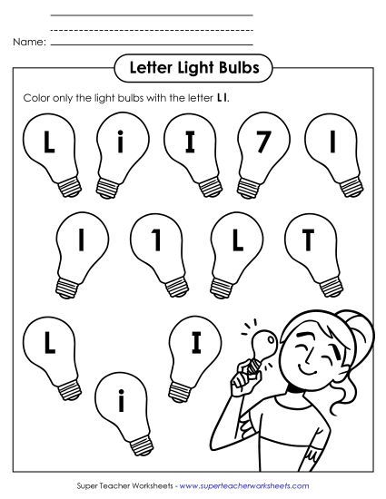 Letter Recognition - Letter L l Recognition - Light Bulbs (Printable PDF Worksheet)
