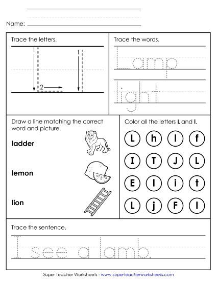 Letter L: Mixed Skills - Letter L - Mixed Skills (Intermediate) (Printable PDF Worksheet)