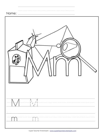 Trace and Print - Letter M - Color and Write (Printable PDF Worksheet)