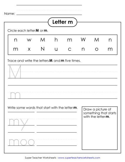 Worksheets - Letter M m - Practice Sheet (Printable PDF Worksheet)