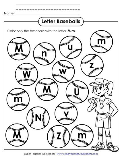 Letter Recognition - Letter M m Recognition - Baseballs (Printable PDF Worksheet)