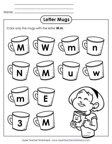 Letter Recognition - Letter M m Recognition - Mugs (Printable PDF Worksheet)