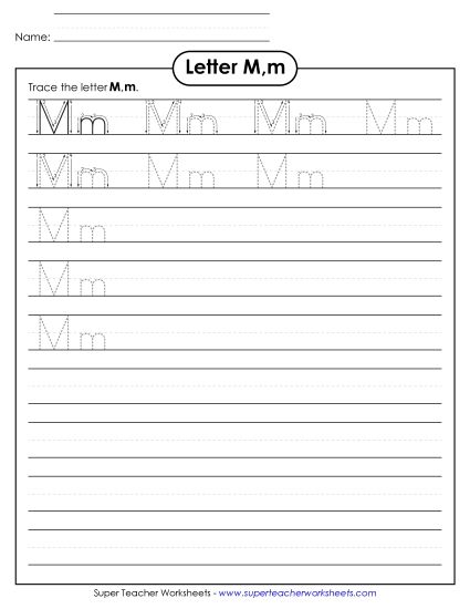 Letter M - Letter M, m - Tracing (Smaller Font Size) (Printable PDF Worksheet)