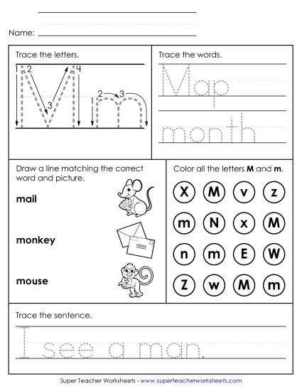 Letter M: Mixed Skills - Letter M - Mixed Skills (Intermediate) (Printable PDF Worksheet)