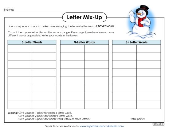 Puzzles - Letter Mix Up: I Love Snow (Intermediate) (Printable PDF Worksheet)