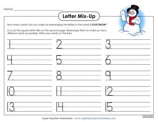 Puzzles - Letter Mix Up: I Love Snow (Primary) (Printable PDF Worksheet)