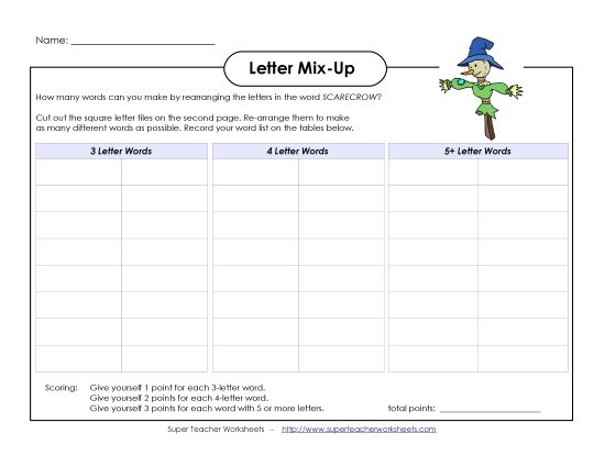 Puzzles and Games - Letter Mix Up: Scarecrow (Intermediate) (Printable PDF Worksheet)