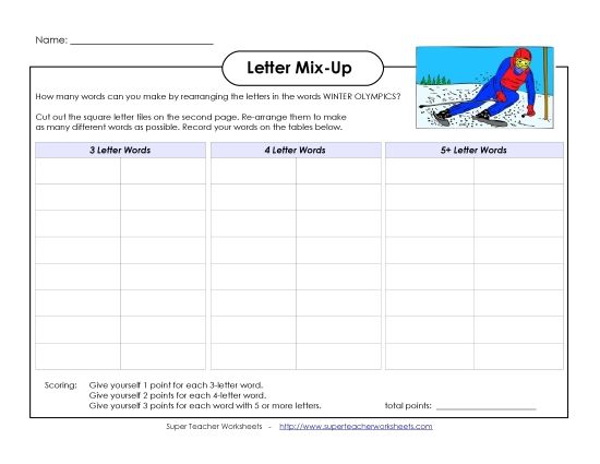 Letter Mix-Up Activities - Letter Mix-Up: Winter Olympics (Intermediate Level) (Printable PDF Worksheet)
