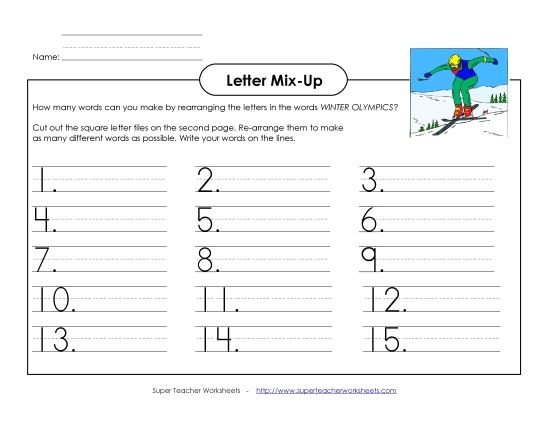 Letter Mix-Up Activities - Letter Mix-Up: Winter Olympics (Primary Level) (Printable PDF Worksheet)
