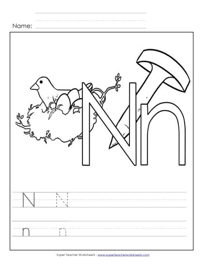 Trace and Print - Letter N - Color and Write (Printable PDF Worksheet)