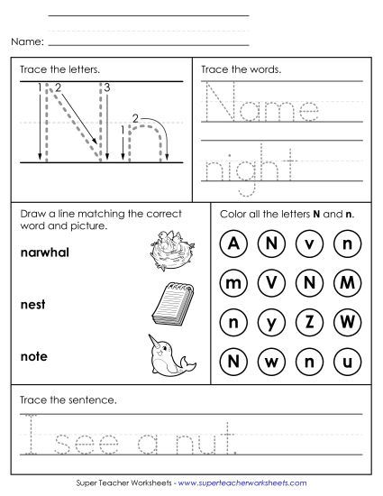 Letter N: Mixed Skills - Letter N - Mixed Skills (Intermediate) (Printable PDF Worksheet)