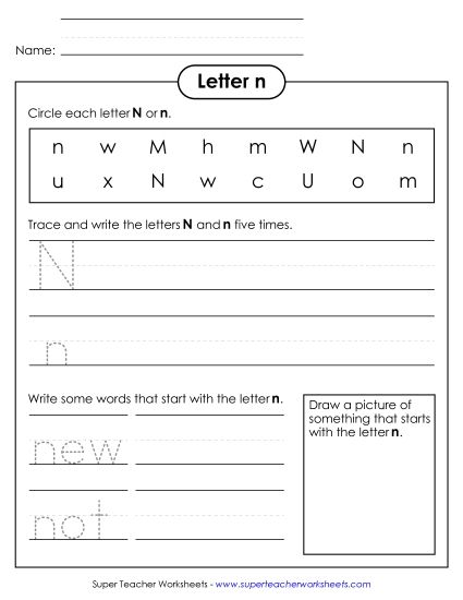 Worksheets - Letter N n - Practice Sheet (Printable PDF Worksheet)