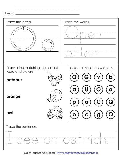 Letter O: Mixed Skills - Letter O - Mixed Skills (Intermediate) (Printable PDF Worksheet)