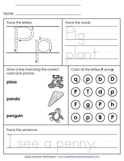 Letter P: Mixed Skills - Letter P - Mixed Skills (Intermediate) (Printable PDF Worksheet)