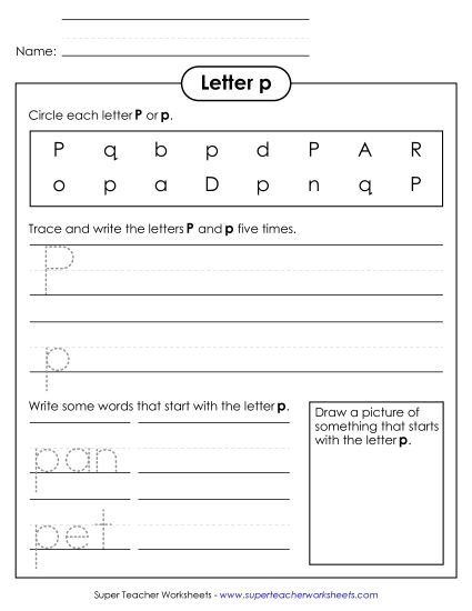 Worksheets - Letter P p - Practice Sheet (Printable PDF Worksheet)
