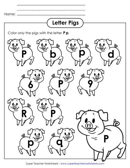 Letter Recognition - Letter P p Recognition - Pigs (Printable PDF Worksheet)