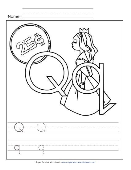 Trace and Print - Letter Q - Color and Write (Pointed Q) (Printable PDF Worksheet)