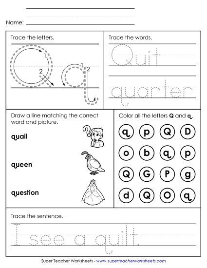 Letter Q: Mixed Skills - Letter Q - Mixed Skills (Intermediate) (Printable PDF Worksheet)