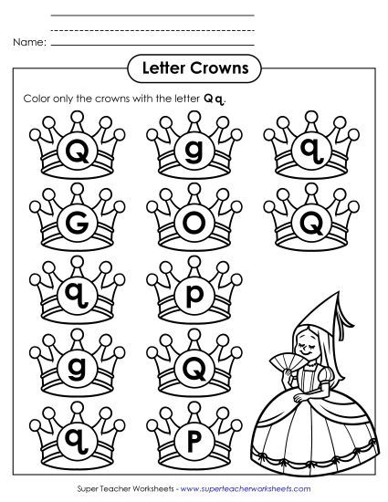 Letter Recognition - Letter Q q Recognition - Queen (Curly Q) (Printable PDF Worksheet)