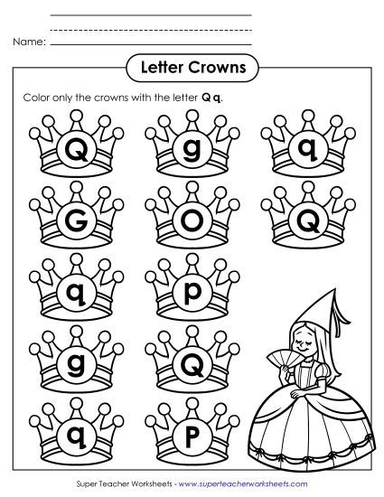 Letter Recognition - Letter Q q Recognition - Queen (Pointed Q) (Printable PDF Worksheet)