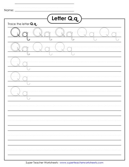 Letter Q - Letter Q, q - Tracing (Smaller Font Size) (Printable PDF Worksheet)