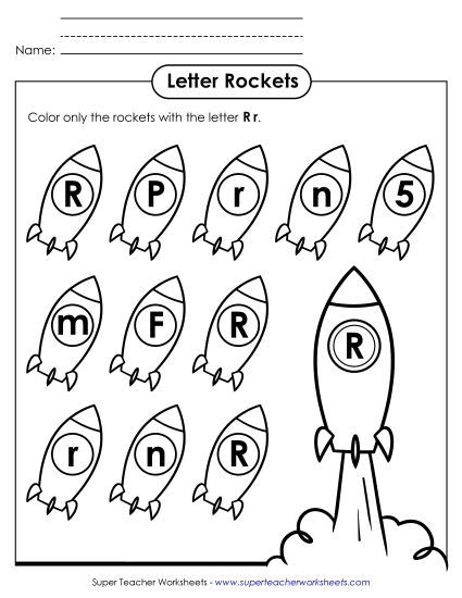 Letter Recognition - Letter R r Recognition - Rockets (Printable PDF Worksheet)