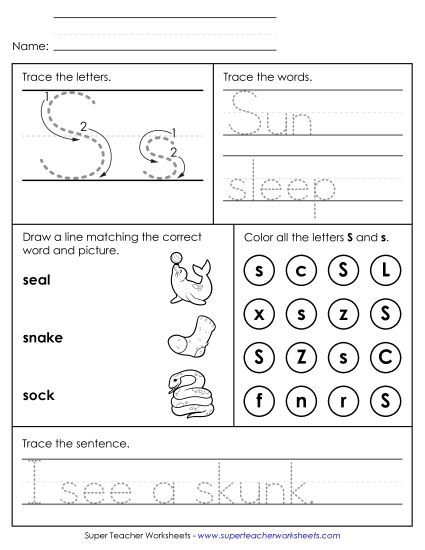 Letter S: Mixed Skills - Letter S - Mixed Skills (Intermediate) (Printable PDF Worksheet)