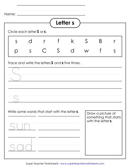 Worksheets - Letter S s - Practice Sheet (Printable PDF Worksheet)