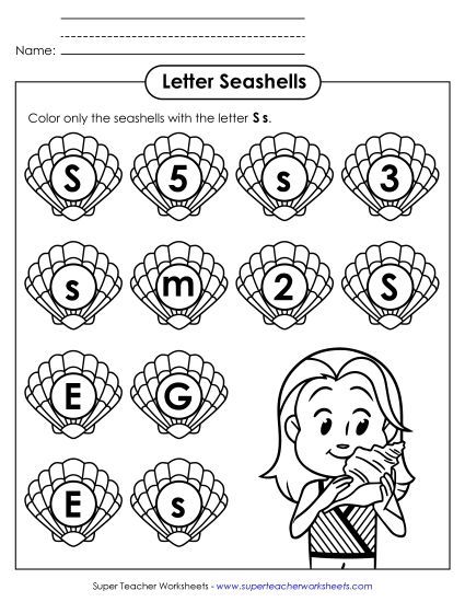 Letter Recognition - Letter S s Recognition - Seashells (Printable PDF Worksheet)
