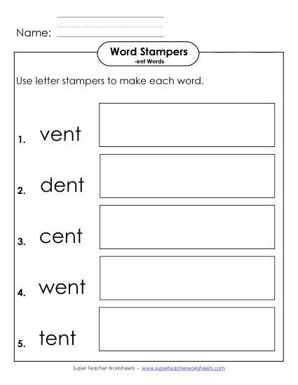 Worksheets - Letter Stampers Activity (-ent Words)  (Printable PDF Worksheet)