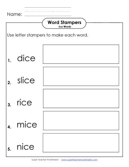 Worksheets - Letter Stampers Activity (-ice Words)  (Printable PDF Worksheet)