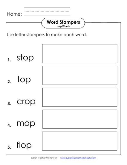 Worksheets - Letter Stampers Activity (-op Words)  (Printable PDF Worksheet)