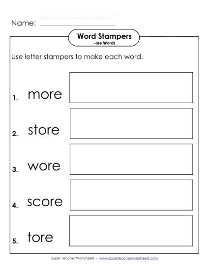 Worksheets - Letter Stampers Activity (-ore Words)  (Printable PDF Worksheet)