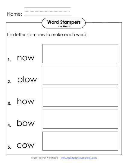 /ow/ Sound (as in Cow) - Letter Stampers Activity (-ow Words) (Printable PDF Worksheet)