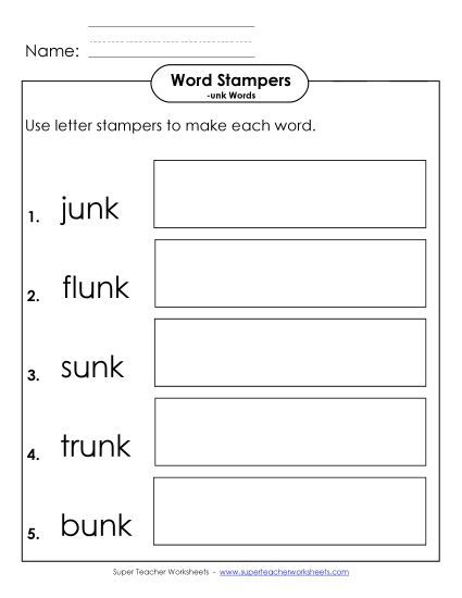 Worksheets - Letter Stampers Activity (-unk Words) (Printable PDF Worksheet)