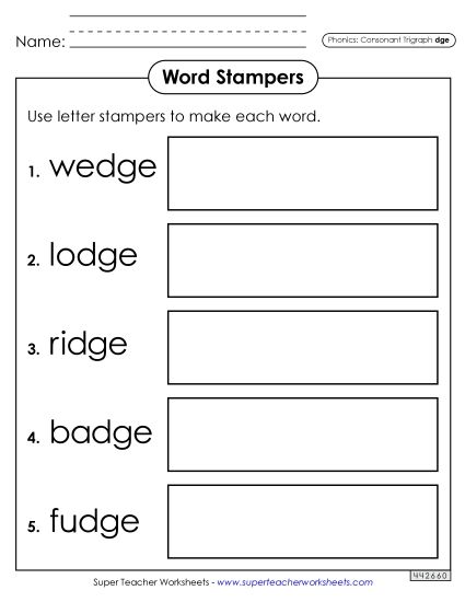 Games and Learning Centers - Letter Stampers (-dge Words) (Printable PDF Worksheet)