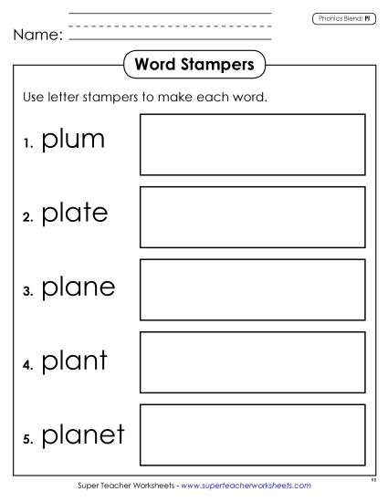 Games & Learning Centers - Letter Stampers (Pl- Words) (Printable PDF Worksheet)