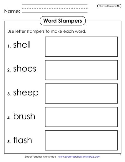 Games & Learning Centers - Letter Stampers (SH Words) (Printable PDF Worksheet)