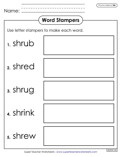 Games and Learning Centers - Letter Stampers (Shr Words) (Printable PDF Worksheet)