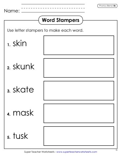 Games & Learning Activities - Letter Stampers (Sk- Words) (Printable PDF Worksheet)