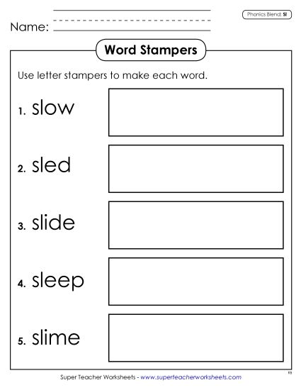 Games & Learning Centers - Letter Stampers (Sl- Words)  (Printable PDF Worksheet)