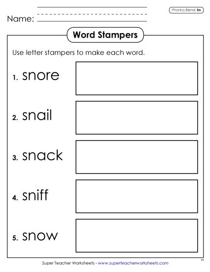 Games & Learning Centers - Letter Stampers (Sn- Words)  (Printable PDF Worksheet)